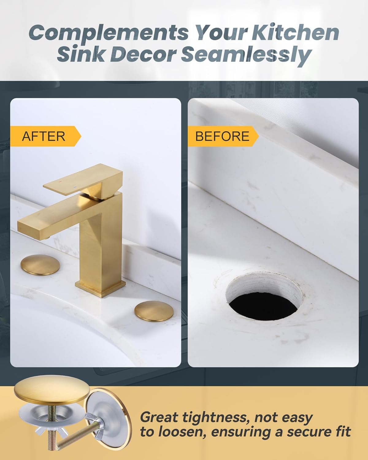 Kitchen Sink Hole Cover, 2 PCS Faucet Plate Stopper, Countertop Cap, Tap Blanking Metal Plug, Brushed Gold