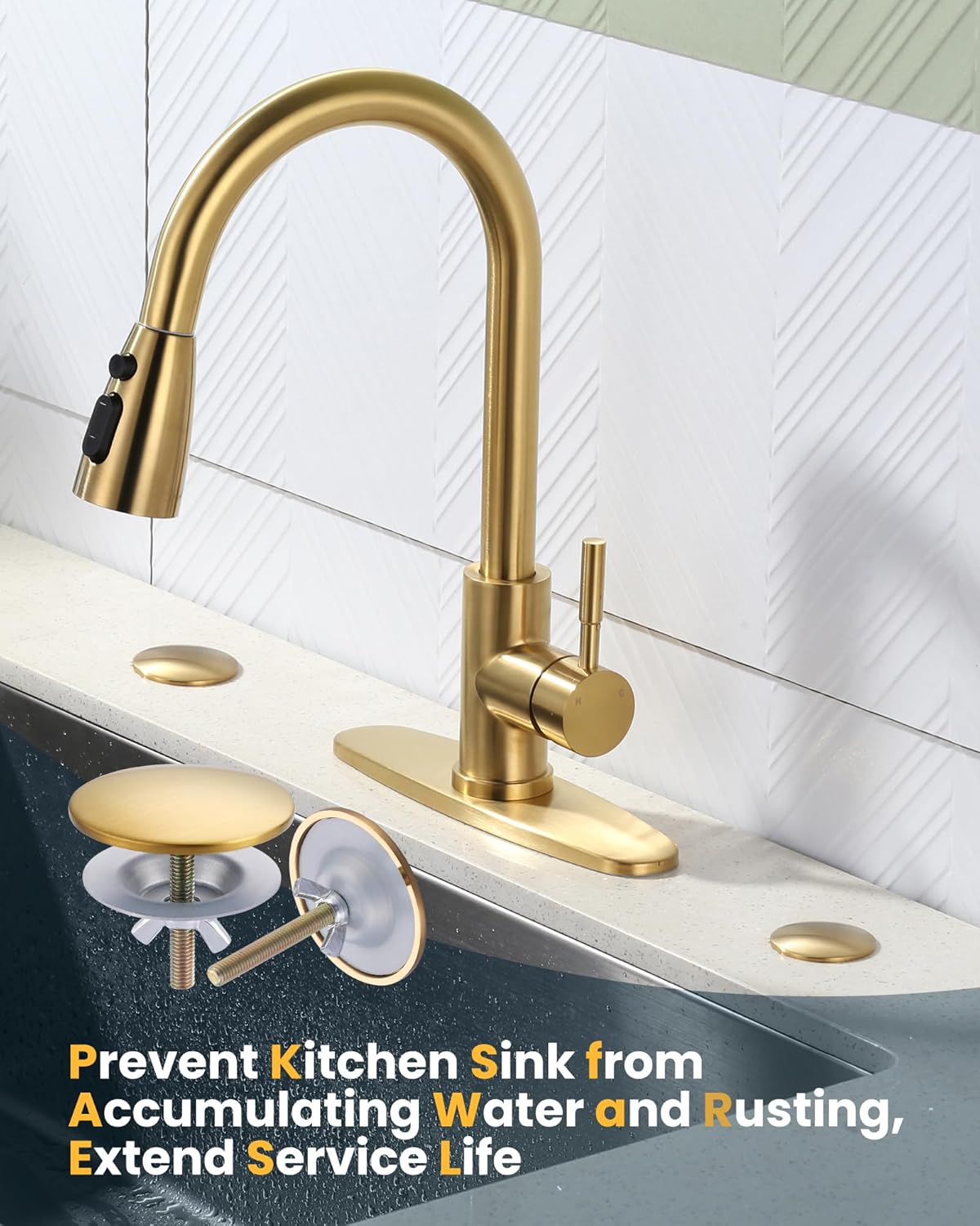 Kitchen Sink Hole Cover, 2 PCS Faucet Plate Stopper, Countertop Cap, Tap Blanking Metal Plug, Brushed Gold