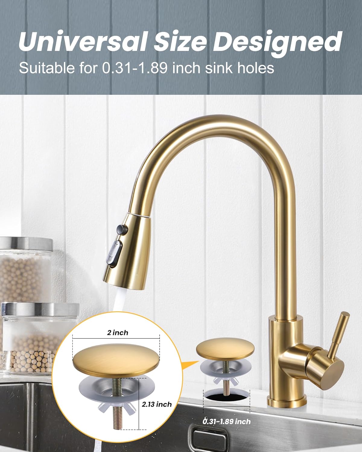 Kitchen Sink Hole Cover, 2 PCS Faucet Plate Stopper, Countertop Cap, Tap Blanking Metal Plug, Brushed Gold