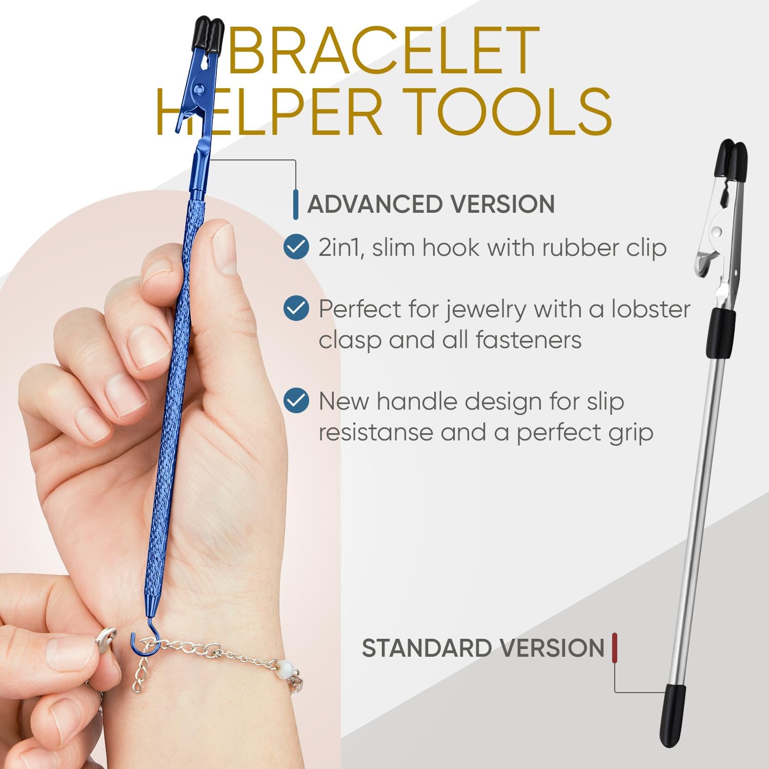 Bracelet Helper Tool with Hook - Fastener Helper Tool for Bracelet, Necklace, Jewelry, Watch - Blue, Gold, Bundle