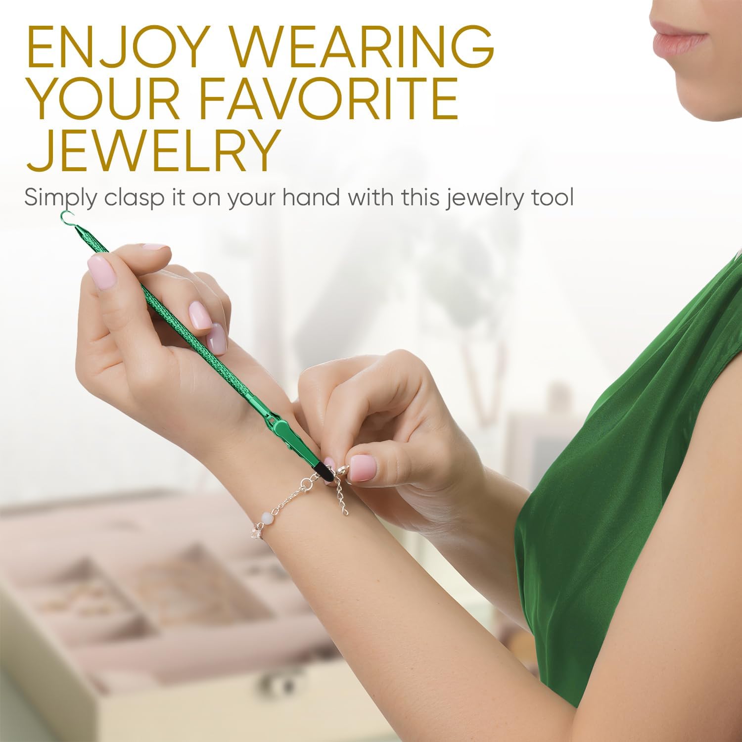 Bracelet Helper Tool with Hook - Fastener Helper Tool for Bracelet, Necklace, Jewelry, Watch - Rose, Emerald, Silver, Bundle