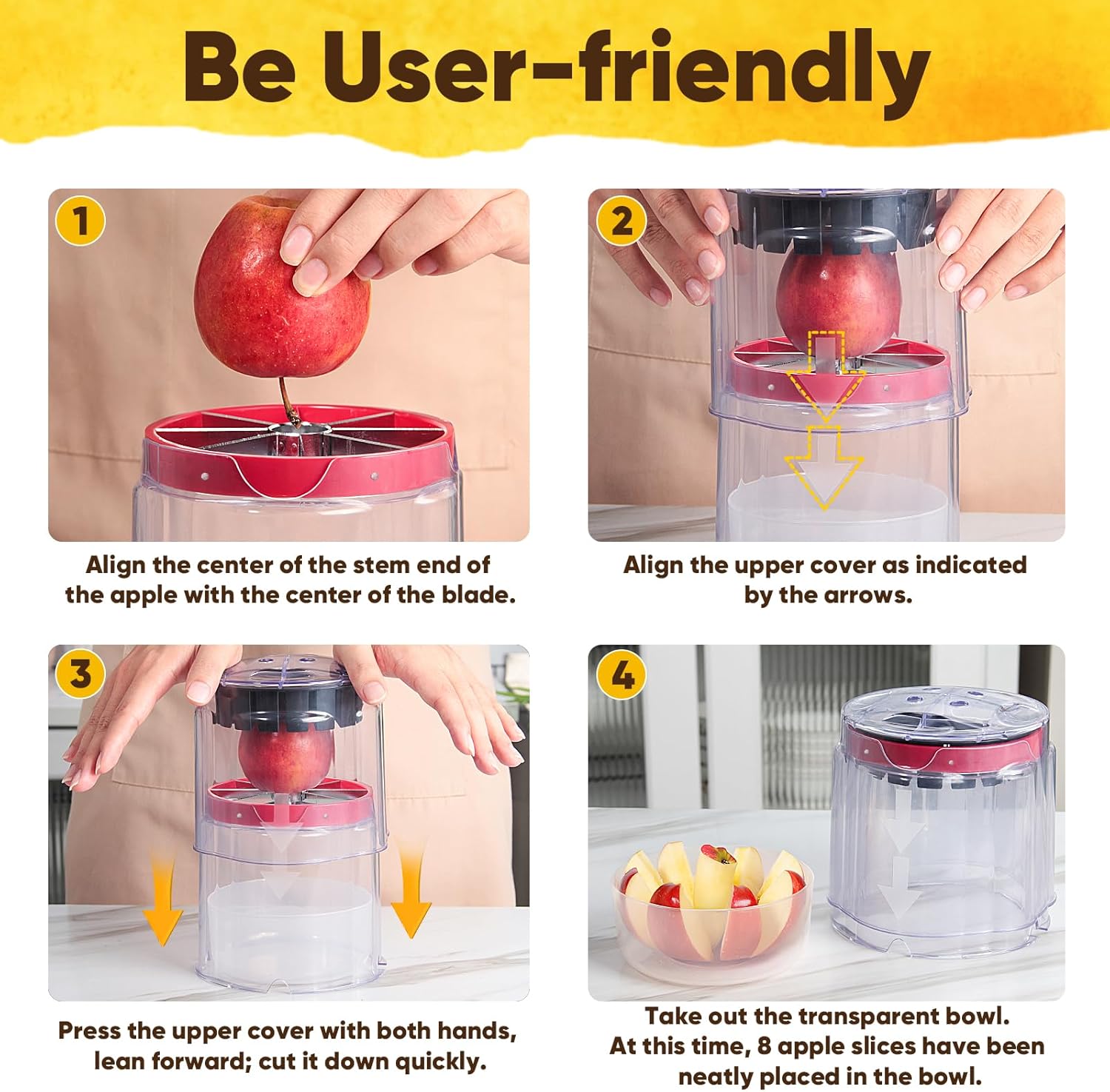 5.12-Inch Apple Slicer - 8 Slices, Ultra-Safe & Heavy-Duty Stainless Steel Extra Large Apple Cutter, Upgraded Cut Apples All The Way Through, with Red Bowl