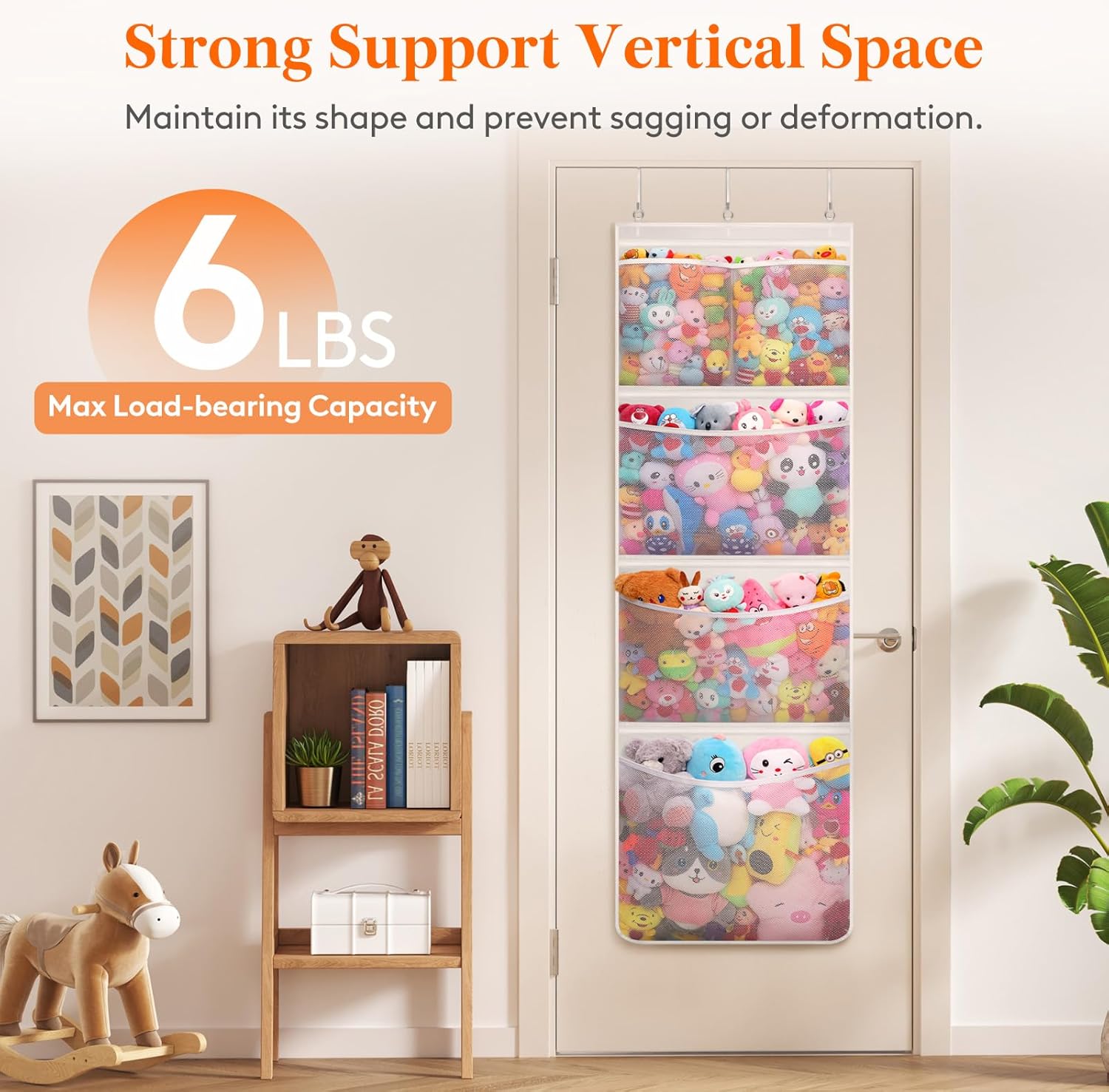 Stuffed Animal Storage, Over the Door Organizer with 5 Expandable Mesh Pockets, Breathable Oxford Fabric Hanging Kid Baby Plh Toy Holder for Nursery, 167 cm 65.8'' High, White, 1 Pack