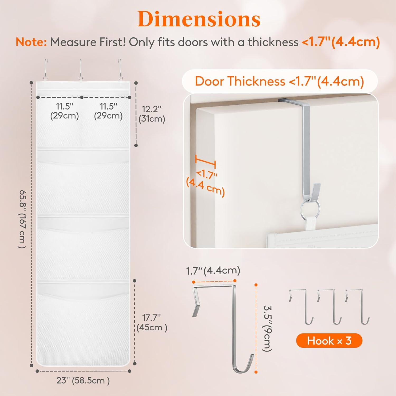 Stuffed Animal Storage, Over the Door Organizer with 5 Expandable Mesh Pockets, Breathable Oxford Fabric Hanging Kid Baby Plh Toy Holder for Nursery, 167 cm 65.8'' High, White, 1 Pack