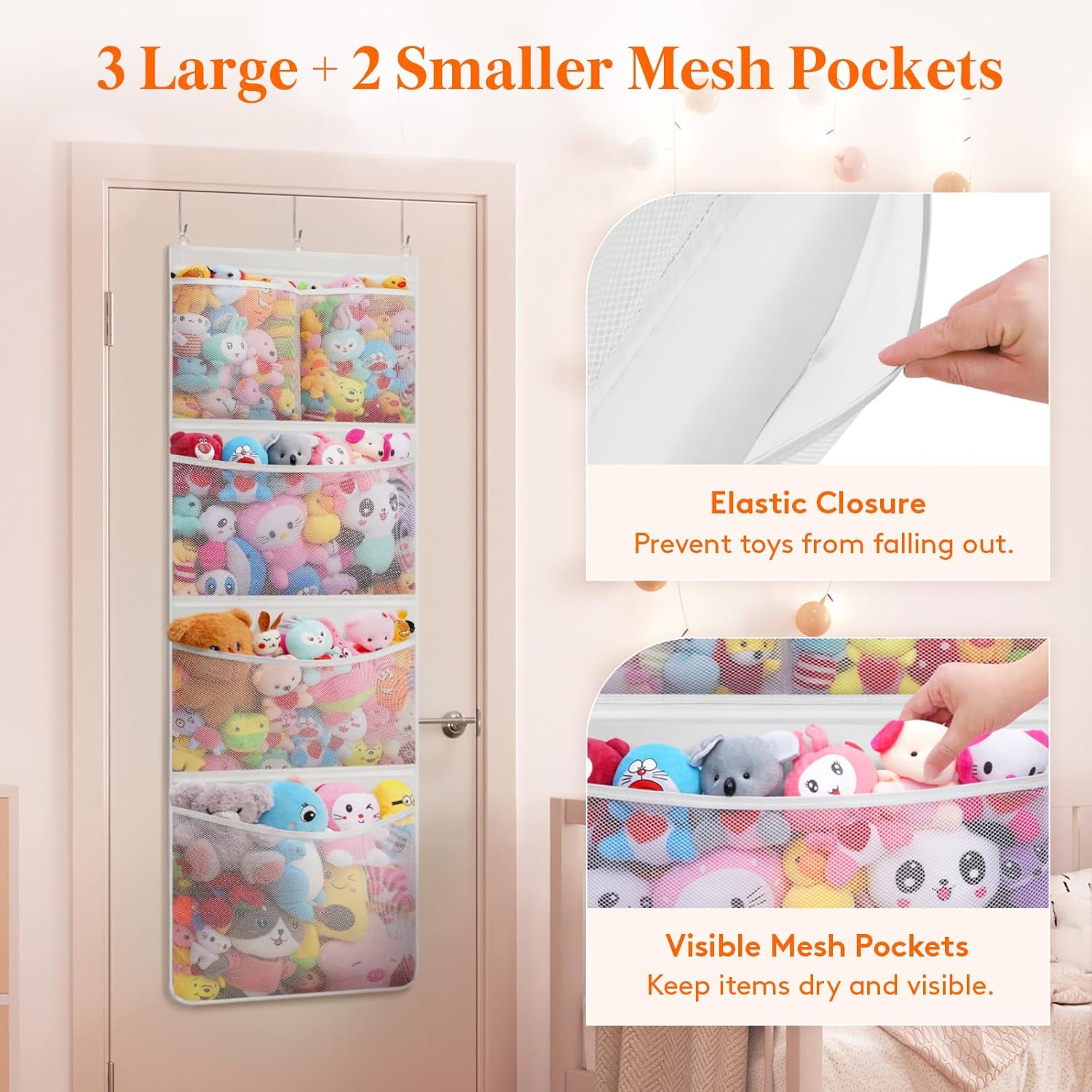 Stuffed Animal Storage, Over the Door Organizer with 5 Expandable Mesh Pockets, Breathable Oxford Fabric Hanging Kid Baby Plh Toy Holder for Nursery, 167 cm 65.8'' High, White, 1 Pack