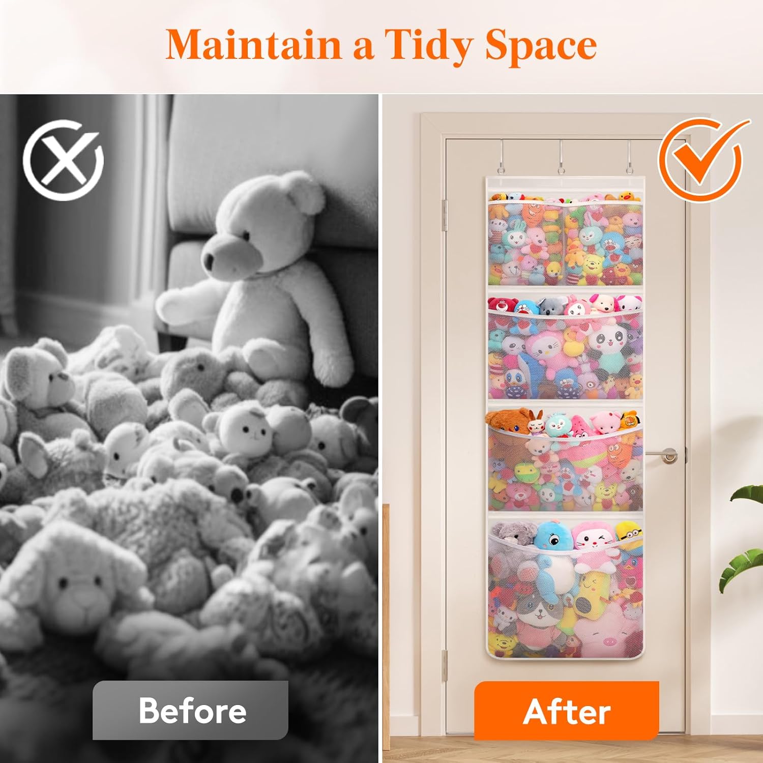 Stuffed Animal Storage, Over the Door Organizer with 5 Expandable Mesh Pockets, Breathable Oxford Fabric Hanging Kid Baby Plh Toy Holder for Nursery, 167 cm 65.8'' High, White, 1 Pack