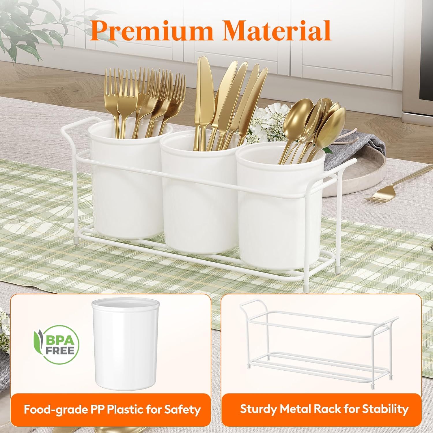 Plastic Silverware Caddy with Metal Rack, Utensil Holder for Party, Cutlery Flatware Organizer for Kitchen Countertop, Forks Spoons Knives Storage for Picnic Camping Outdoor Buffet, White
