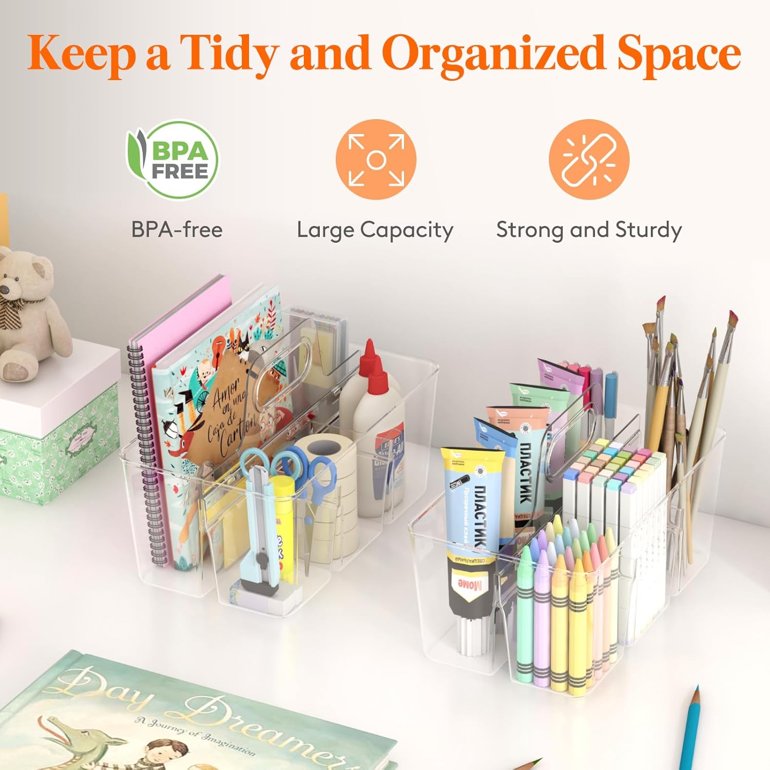 2 Pcs Plastic Caddy Organizer with Handle, Portable Art Supply Storage for Craft Supplies, Cosmetics, Holds Pencil, Crayon, Brhes, Hair Product, Dorm Shower Caddy, Clear, 25 x 15x 17cm