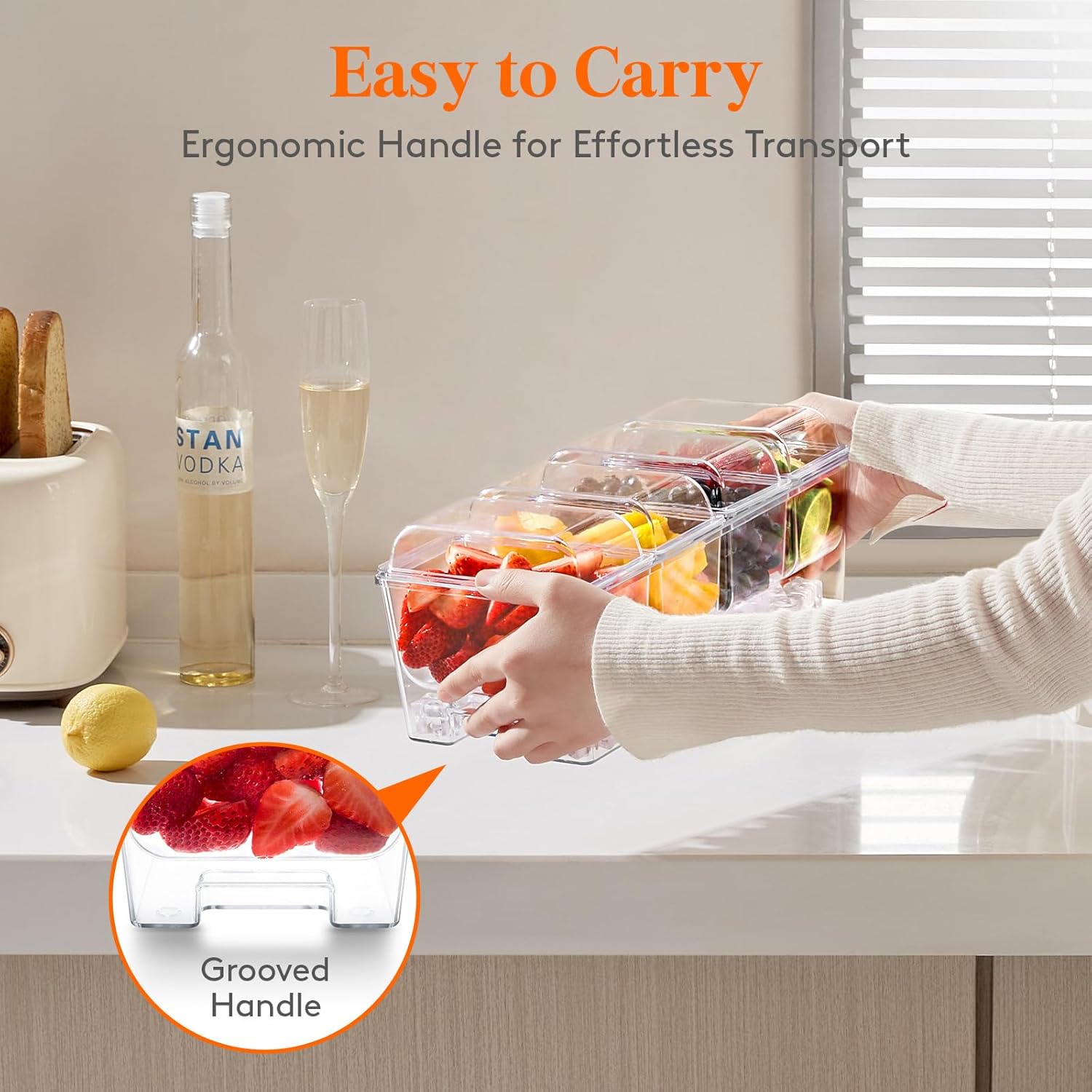 Taco Bar Serving Set for Party with 4 x 20 oz Containers, Ice Chilled Condiment Caddy Organizer, Garnish Serving Tray Platter for Mimosa Bar Accessories, Fruit, Salad, Food