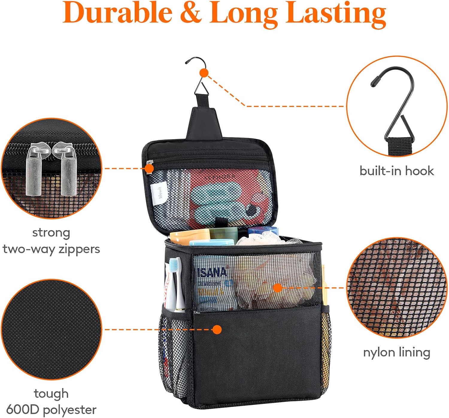 Shower Bag Mesh Shower Caddy Portable College Dorm Room Essentials Tote Bag for Bathroom, Gym, Travel, Camping Quick Dry Hanging Shower Organizer Basket Toiletry Bag, Medium, Black