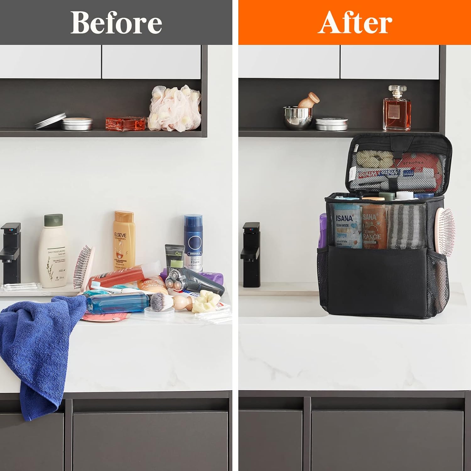 Shower Bag Mesh Shower Caddy Portable College Dorm Room Essentials Tote Bag for Bathroom, Gym, Travel, Camping Quick Dry Hanging Shower Organizer Basket Toiletry Bag, Medium, Black
