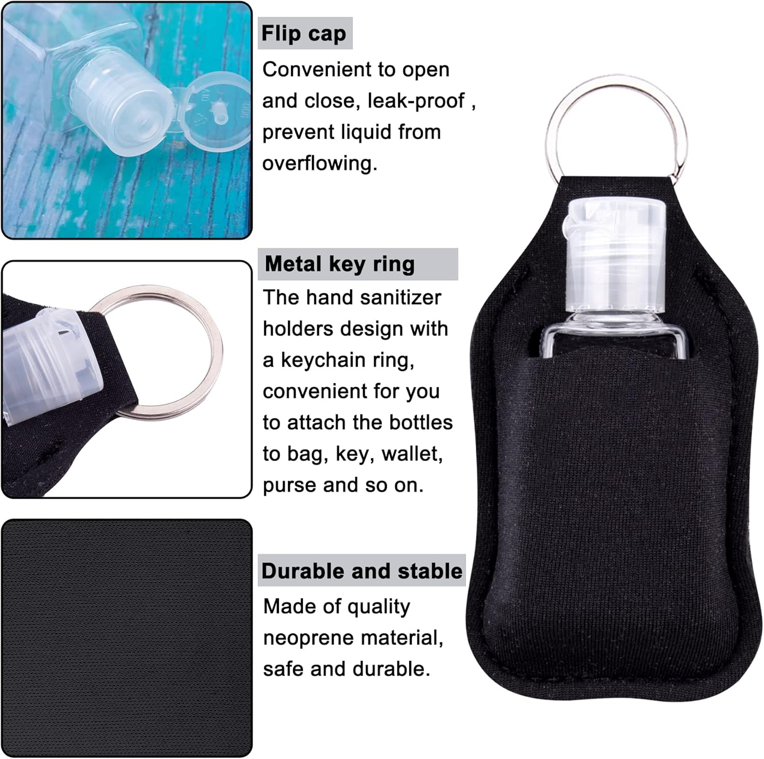 60 Pieces Hand Sanitizer Holder Empty Travel Size Bottles Set Including 30 Pieces Clear Refillable Bottles and 30 Pieces Black Hand Sanitizer Holders for Keychain Backpack and Purse