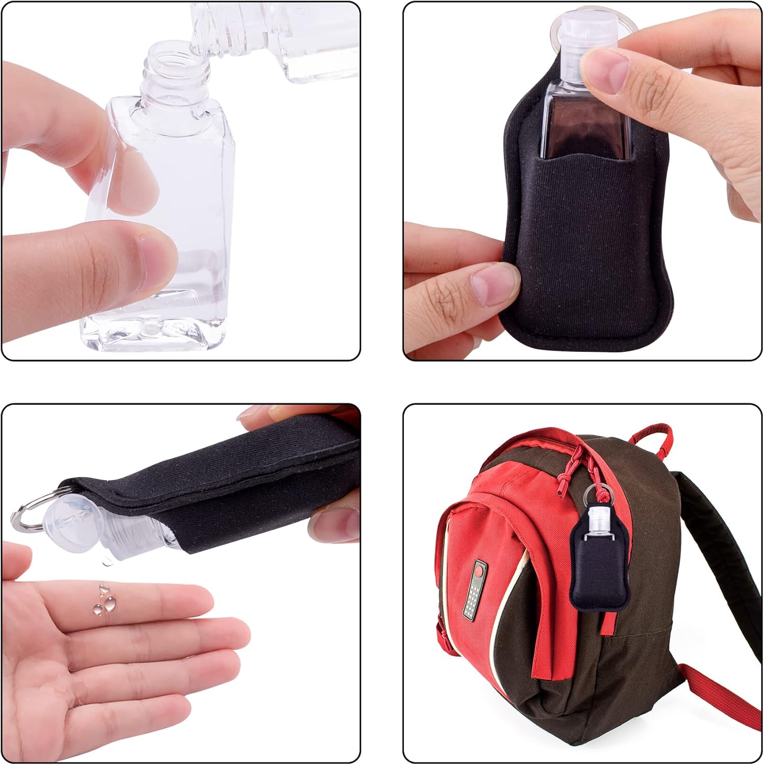 60 Pieces Hand Sanitizer Holder Empty Travel Size Bottles Set Including 30 Pieces Clear Refillable Bottles and 30 Pieces Black Hand Sanitizer Holders for Keychain Backpack and Purse