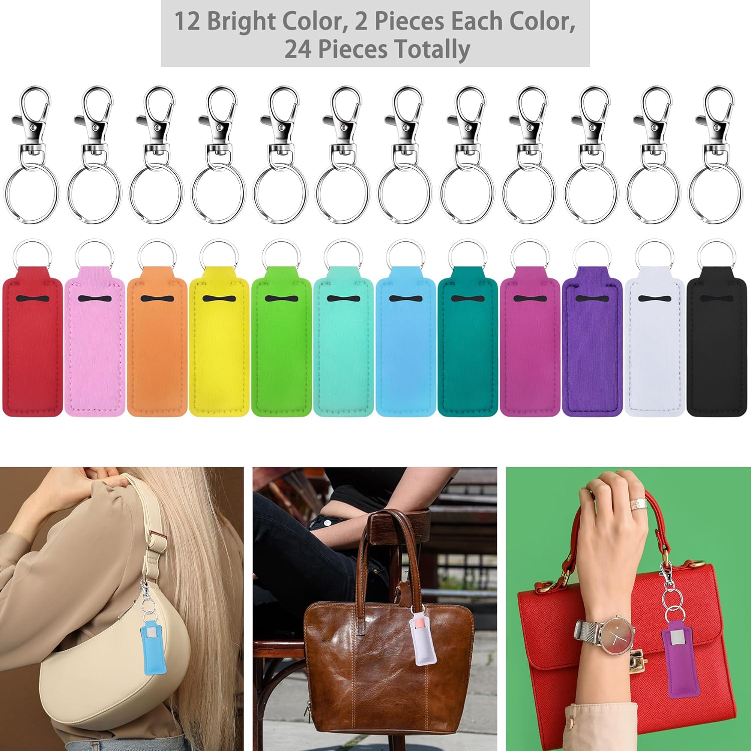 24 Pieces Chapstick Keychain Holder Lip Balm Holder Keychains Neoprene Lipstick Holder with 24 Pieces Metal Clip Cords for Purse Backpack
