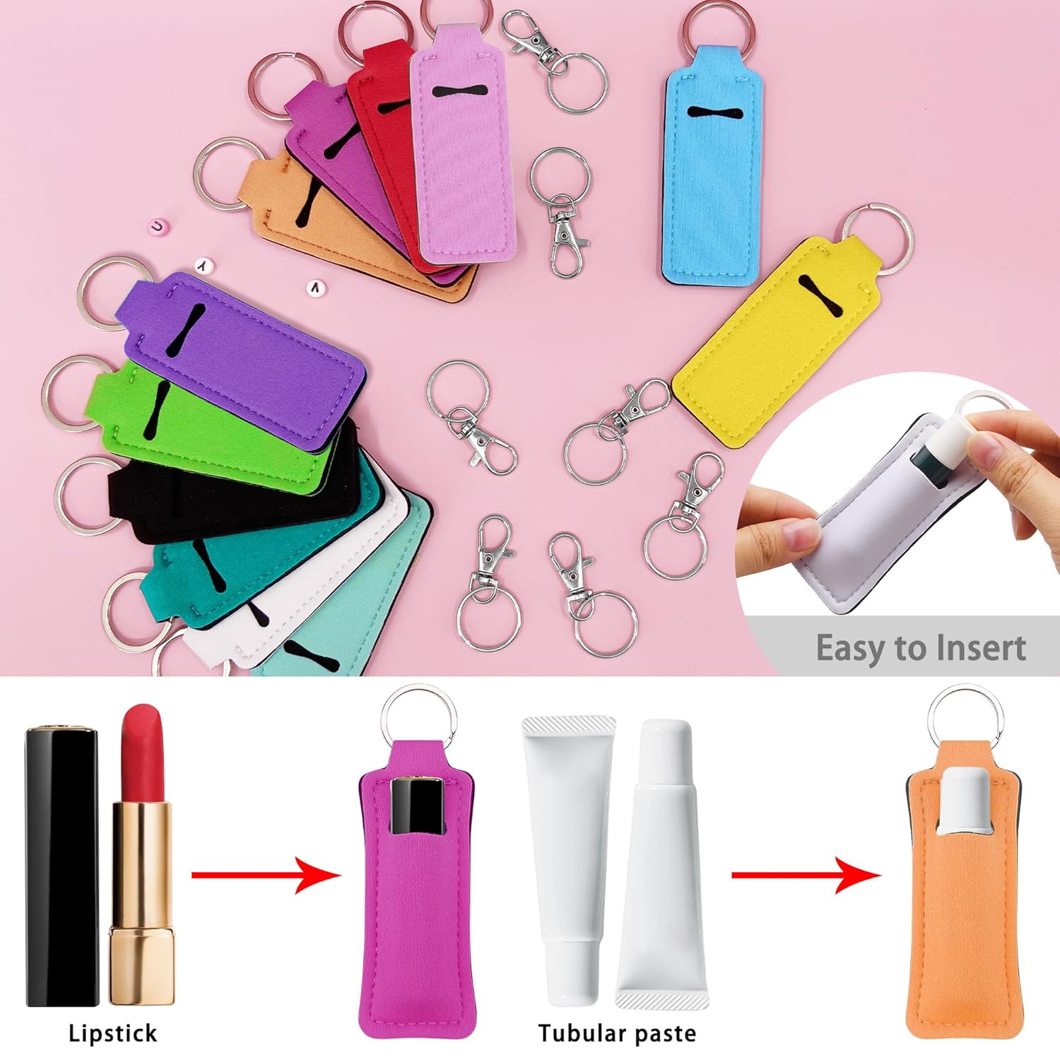 24 Pieces Chapstick Keychain Holder Lip Balm Holder Keychains Neoprene Lipstick Holder with 24 Pieces Metal Clip Cords for Purse Backpack