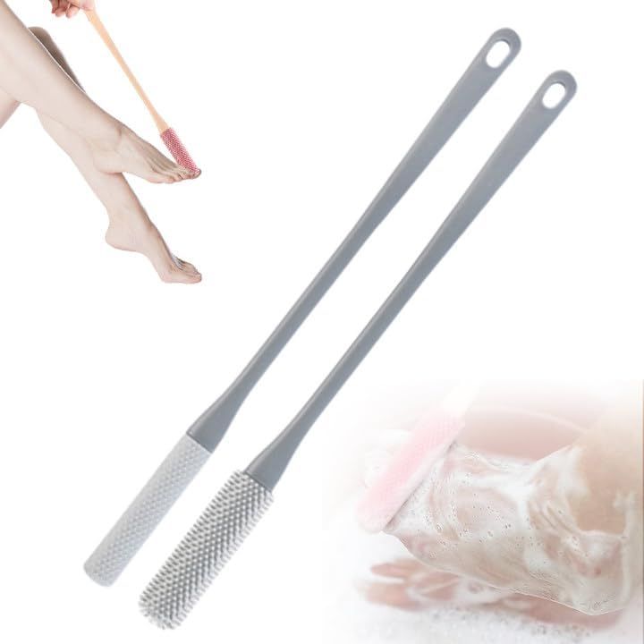 Toe Gap Cleaning Brush, Foot Back Scrubber in Shower, Long Handle Foot Bath Brush, Silicone Body Scrubber, Exfoliating for Men and Women Gray