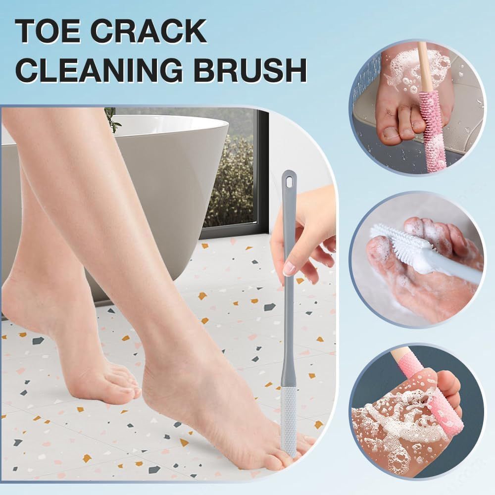 Toe Gap Cleaning Brush, Foot Back Scrubber in Shower, Long Handle Foot Bath Brush, Silicone Body Scrubber, Exfoliating for Men and Women Gray