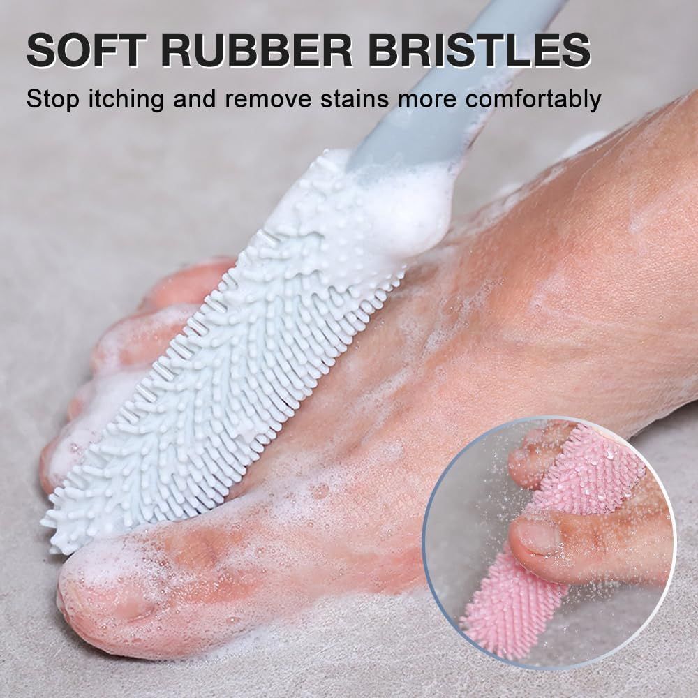 Toe Gap Cleaning Brush, Foot Back Scrubber in Shower, Long Handle Foot Bath Brush, Silicone Body Scrubber, Exfoliating for Men and Women Gray