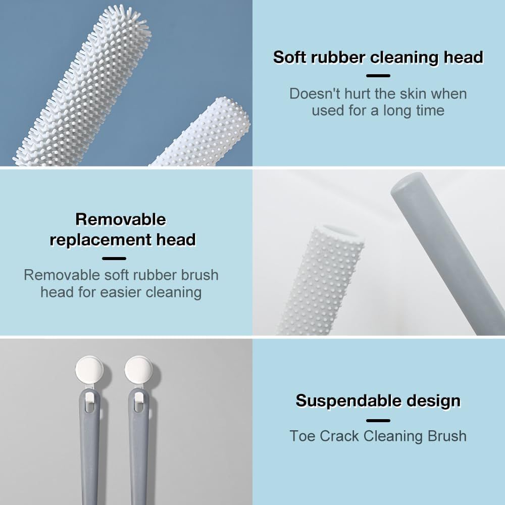 Toe Gap Cleaning Brush, Foot Back Scrubber in Shower, Long Handle Foot Bath Brush, Silicone Body Scrubber, Exfoliating for Men and Women Gray