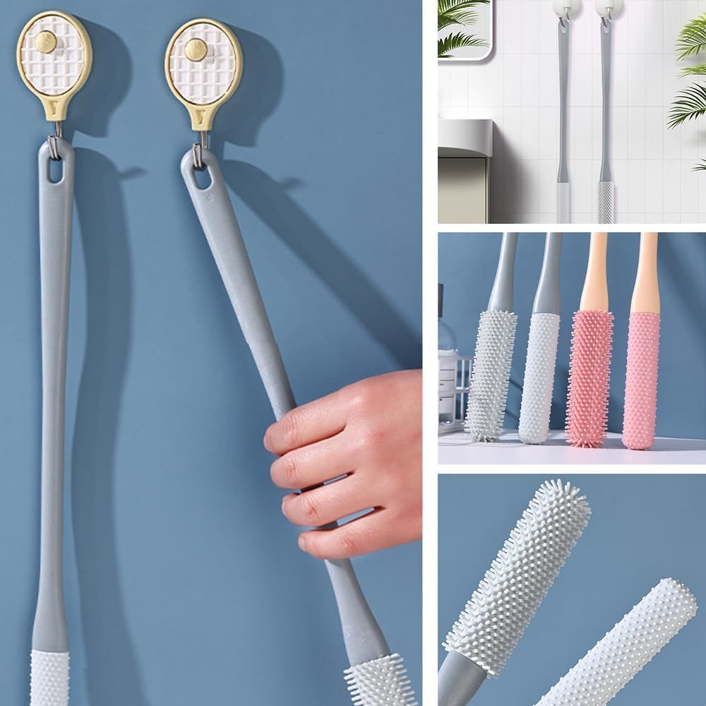 Toe Gap Cleaning Brush, Foot Back Scrubber in Shower, Long Handle Foot Bath Brush, Silicone Body Scrubber, Exfoliating for Men and Women Gray