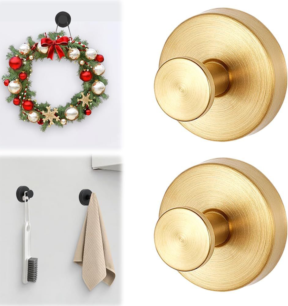 Suction Cup Hooks for Wreaths on Glass,2026 Wreath Hangers for Front Door,No Drill Suction Cup Hooks,Metal Towel Hooks for Window Bathroom Mirrors,Christmas Decorations Outdoor Golden-2PC