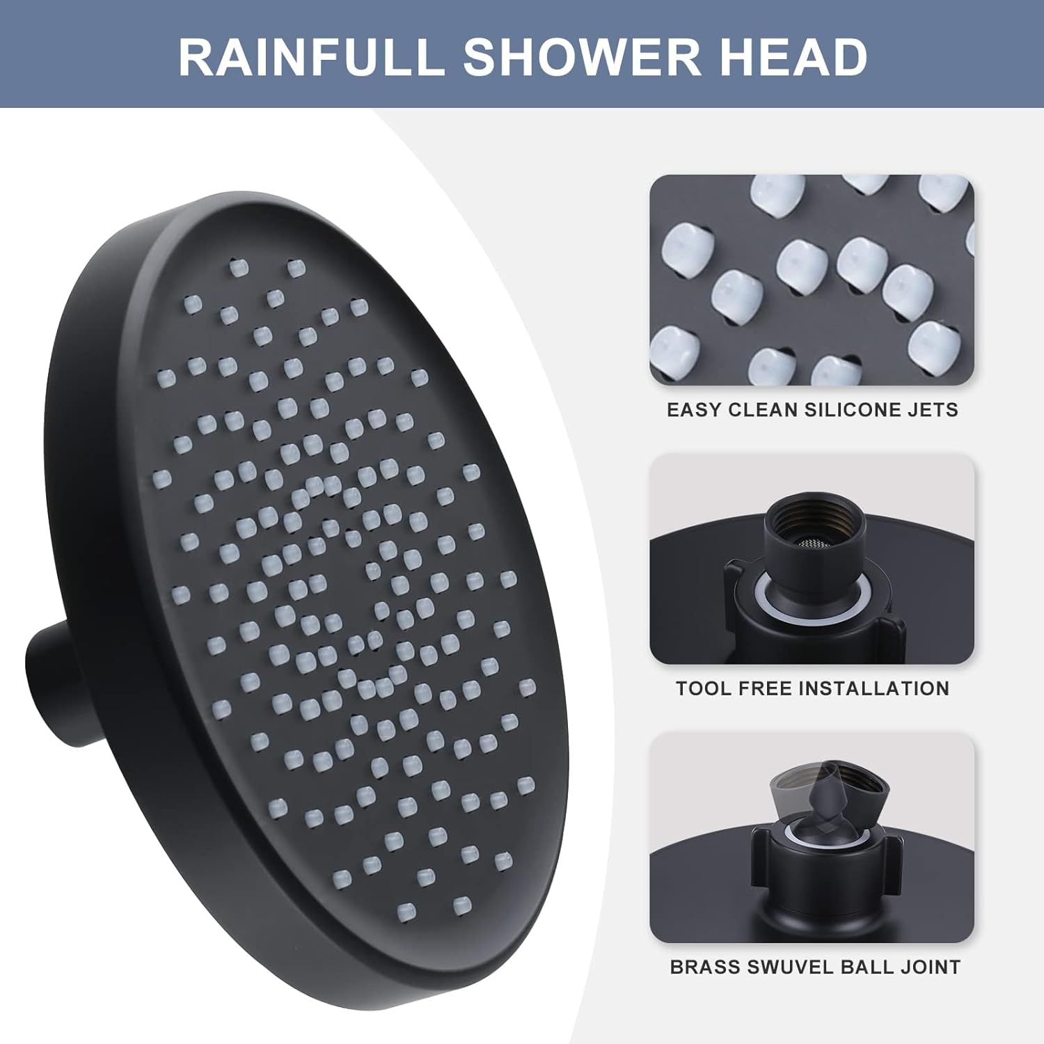 Shower Head High Pressure Rain, Luxury Bathroom Showerhead with Adjustable Angles, Anti-Clogging Silicone Nozzles - 6 Inch Round, Matte Black