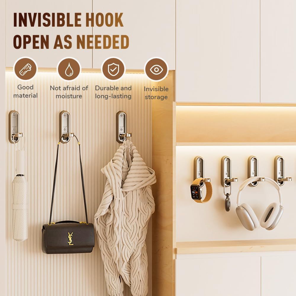 Folding Coat Hooks,Retractable Wall Closet Hooks,Heavy Duty Hook Bathroom Towel Hooks Robe Hooks Wall Mounted for Hanging Coat Towels Clothes Brown