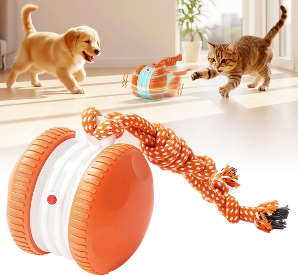 Interactive Dog Toys for Small Large Dogs,Moving Dog Toys to Keep Them Busy,Automatic Electric Rolling Ball with Rope,Dog Interactive Toys for Boredom Orange