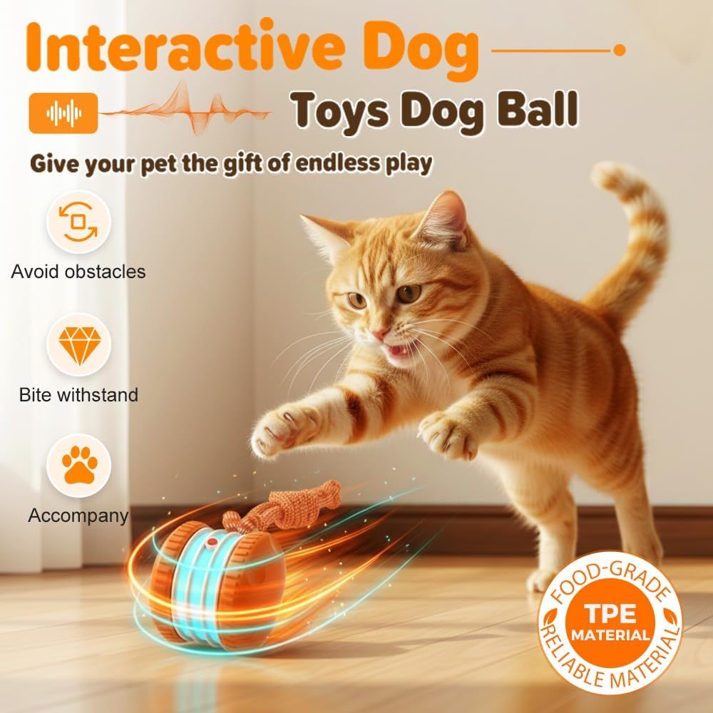 Interactive Dog Toys for Small Large Dogs,Moving Dog Toys to Keep Them Busy,Automatic Electric Rolling Ball with Rope,Dog Interactive Toys for Boredom Orange