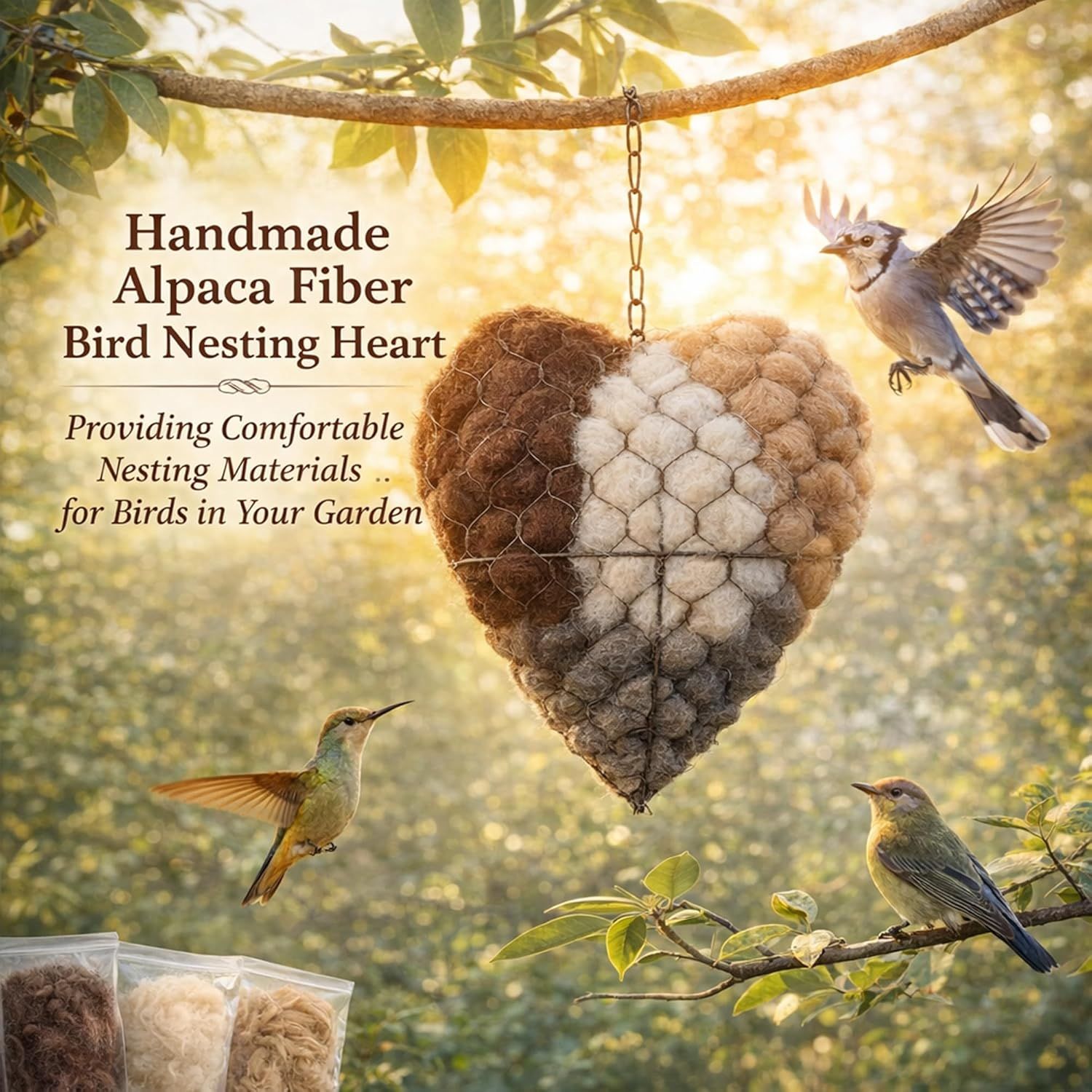 2PCS Alpaca Fiber Bird Nesting, Handmade Alpaca Fiber Bird Nesting Heart Stuffable , 3 Bags of Nesting Materials, Warm Nests for Winter Birds, for Home Gardens and Wild Birds 2 PCS