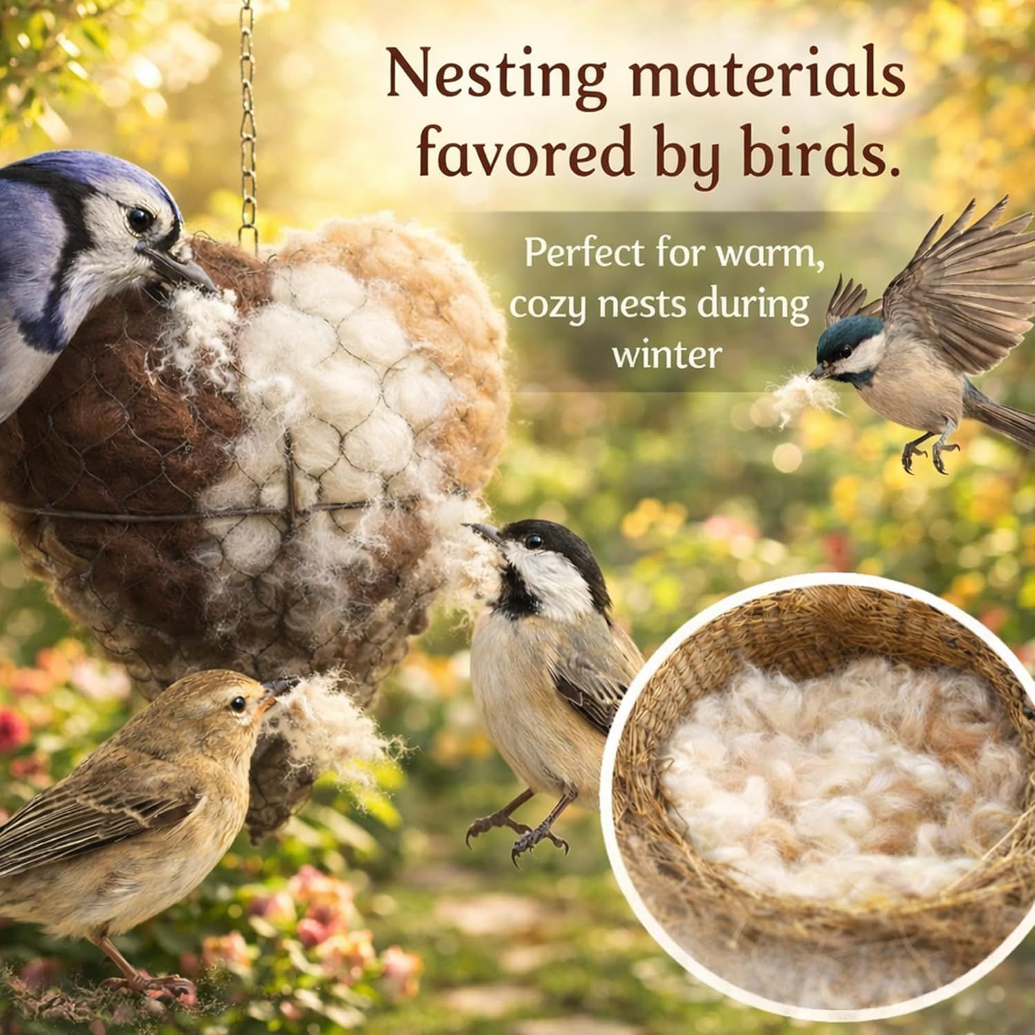 2PCS Alpaca Fiber Bird Nesting, Handmade Alpaca Fiber Bird Nesting Heart Stuffable , 3 Bags of Nesting Materials, Warm Nests for Winter Birds, for Home Gardens and Wild Birds 2 PCS