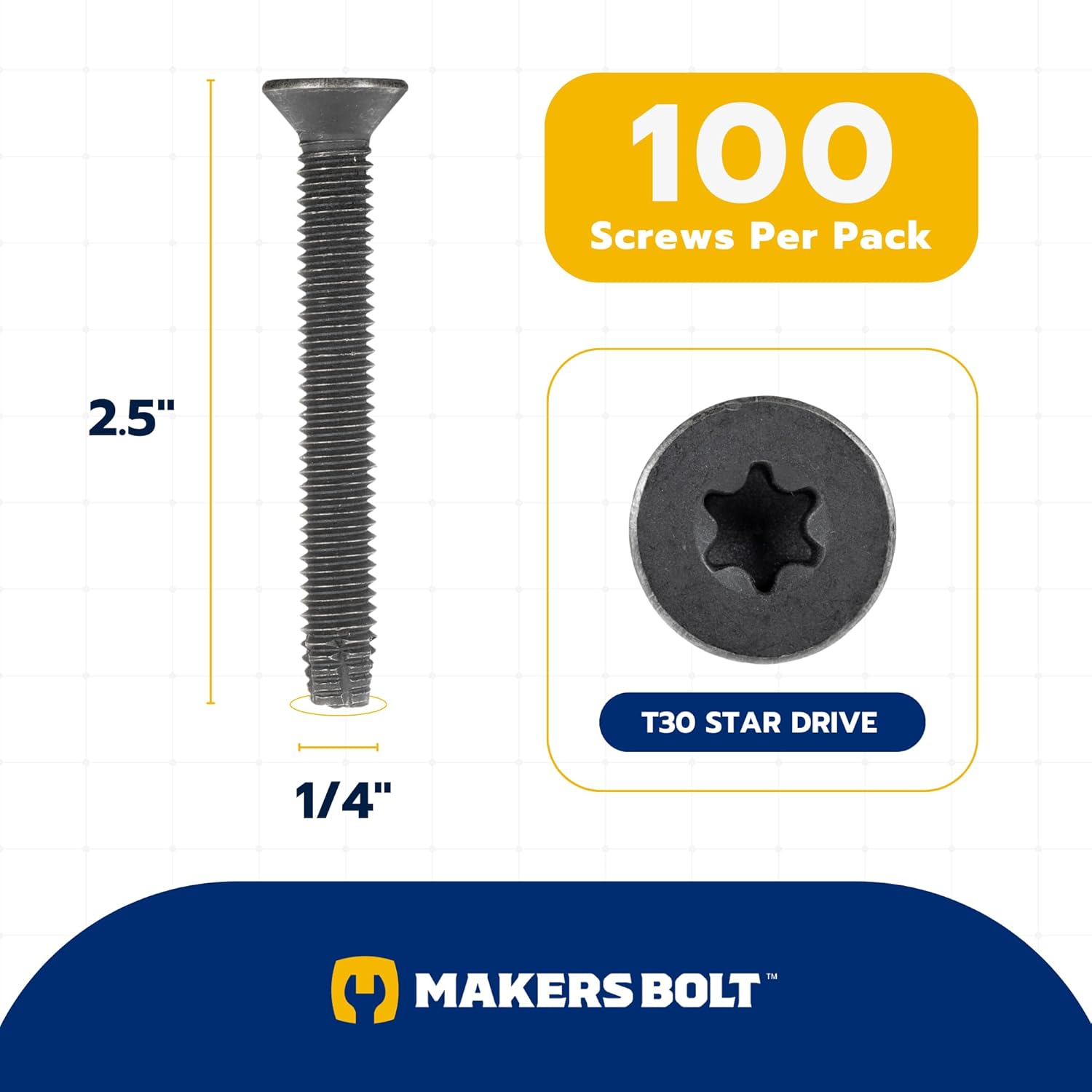 1/4 x 2-1/2" Trailer Deck Screws 100 pcs T-30 Star Drive, Black Phosphate and Oil, Type F Thread Cutting Wood and Metal for Floorboards by Makers Bolt