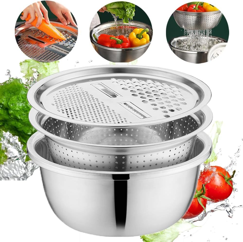 Germany Multifunctional Stainless Steel Basin, Multifunction Stainless Steel Basin with Grater 3 in 1 Vegetable Cutter for Kitchen, Vegetable Slicer Grater Strainer and Drain Basket 10.2 inch