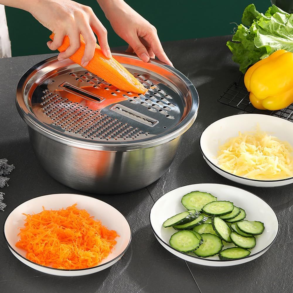 Germany Multifunctional Stainless Steel Basin, Multifunction Stainless Steel Basin with Grater 3 in 1 Vegetable Cutter for Kitchen, Vegetable Slicer Grater Strainer and Drain Basket 10.2 inch