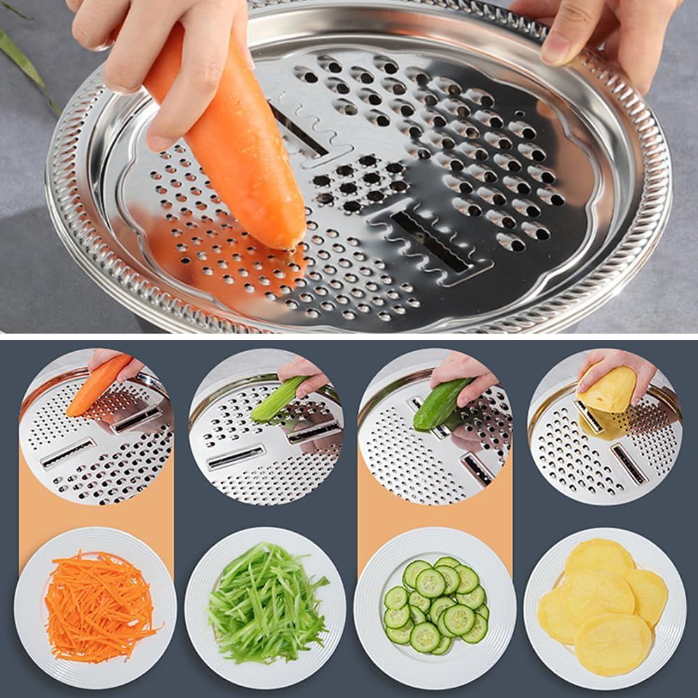 Germany Multifunctional Stainless Steel Basin, Multifunction Stainless Steel Basin with Grater 3 in 1 Vegetable Cutter for Kitchen, Vegetable Slicer Grater Strainer and Drain Basket 10.2 inch