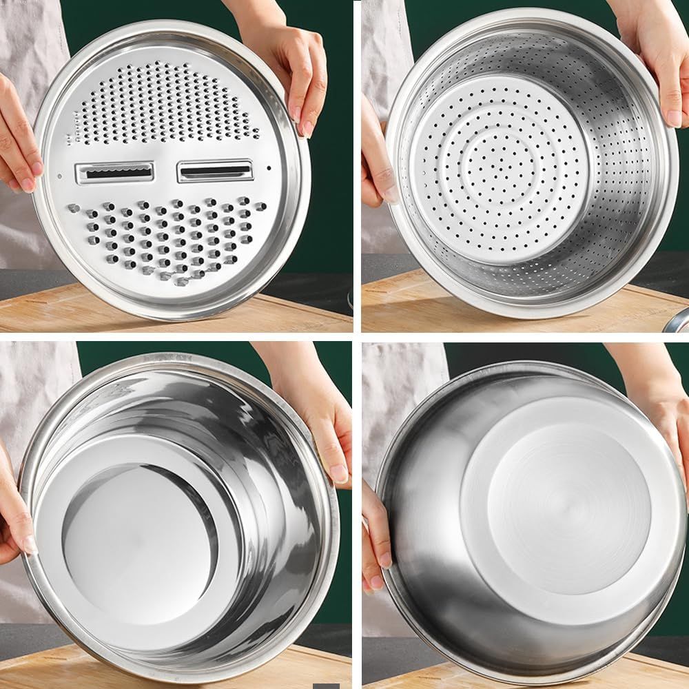 Germany Multifunctional Stainless Steel Basin, Multifunction Stainless Steel Basin with Grater 3 in 1 Vegetable Cutter for Kitchen, Vegetable Slicer Grater Strainer and Drain Basket 10.2 inch
