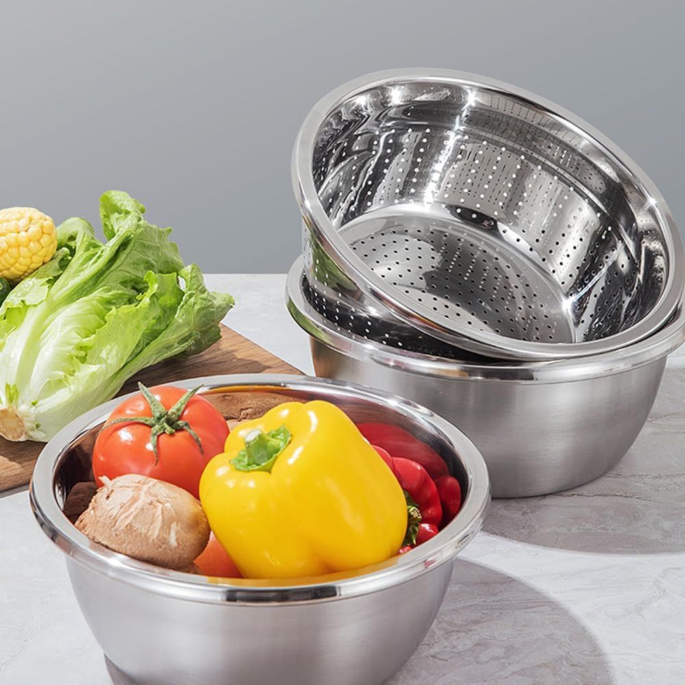 Germany Multifunctional Stainless Steel Basin, Multifunction Stainless Steel Basin with Grater 3 in 1 Vegetable Cutter for Kitchen, Vegetable Slicer Grater Strainer and Drain Basket 10.2 inch