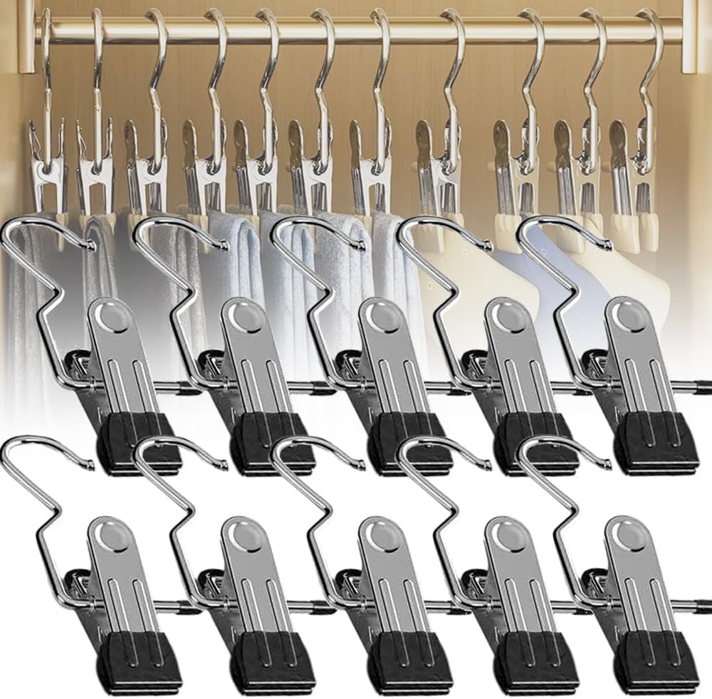Space-Saving Clothespin Hat Pants Storage Hanging Travel Hook, Stainless Steel Boot Hangers Clips Boot Hangers for Closet, Laundry Hooks Hanging Clips Clothes Pins Socks Towel Clips Black, 10Pcs