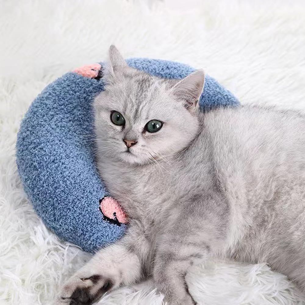 Calming Pillow for Dogs, Pet U Shape Calming Pillow Pet Neck Pillow Dog Calming Pillow for Small Dogs, Ultra Soft Fluffy Pet Calming Toy for Joint Relief Sleeping Improve Machine Washable Blue-1