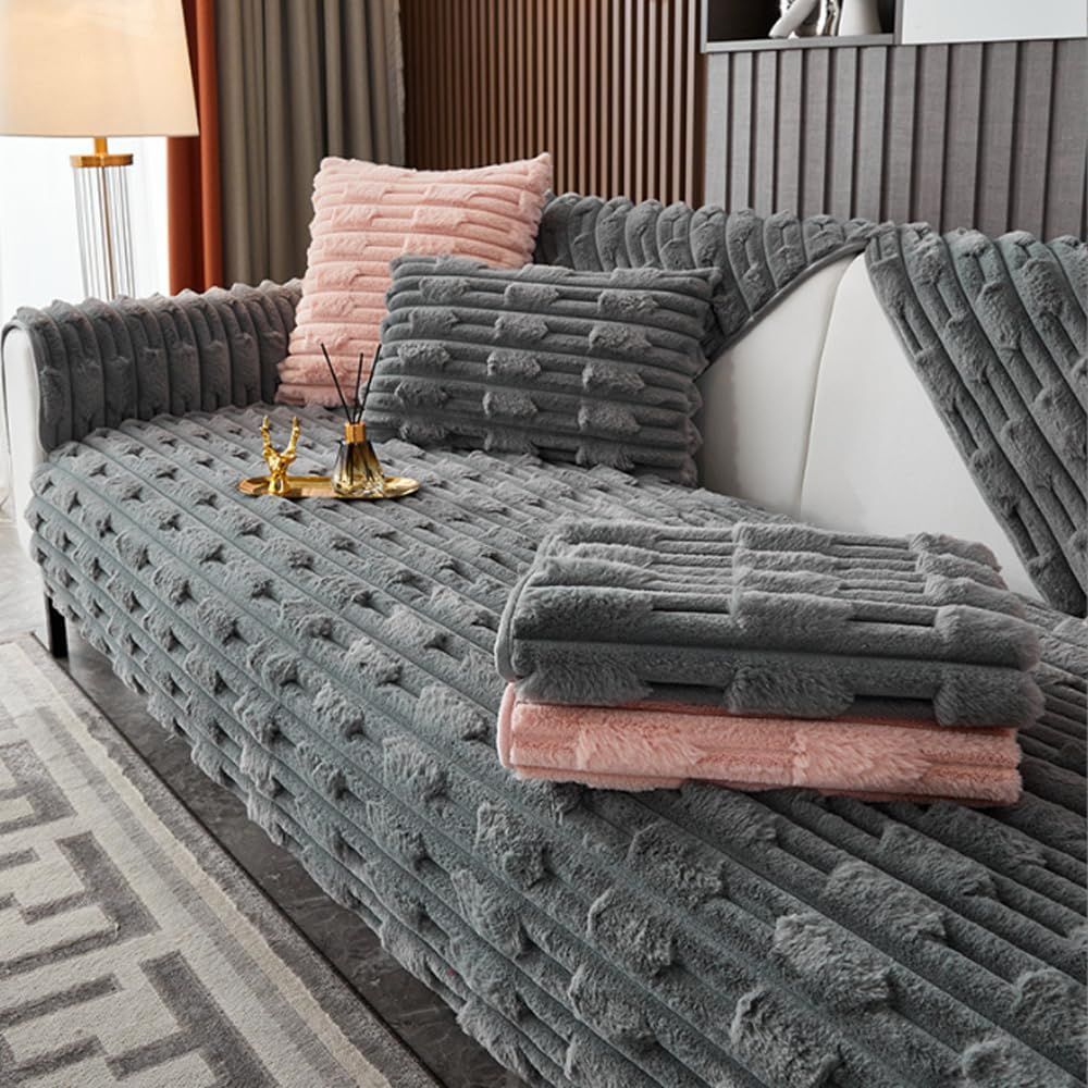 Super Soft Plush Non-Slip Sofa Cushion Covers, Thick Rabbit Plush Sofa Cushion Super Soft Faux Fur Throw Pillow Cover, Fluffy Couch Cushion Covers Dark Grey, Sofa Cushion 110 * 110cm
