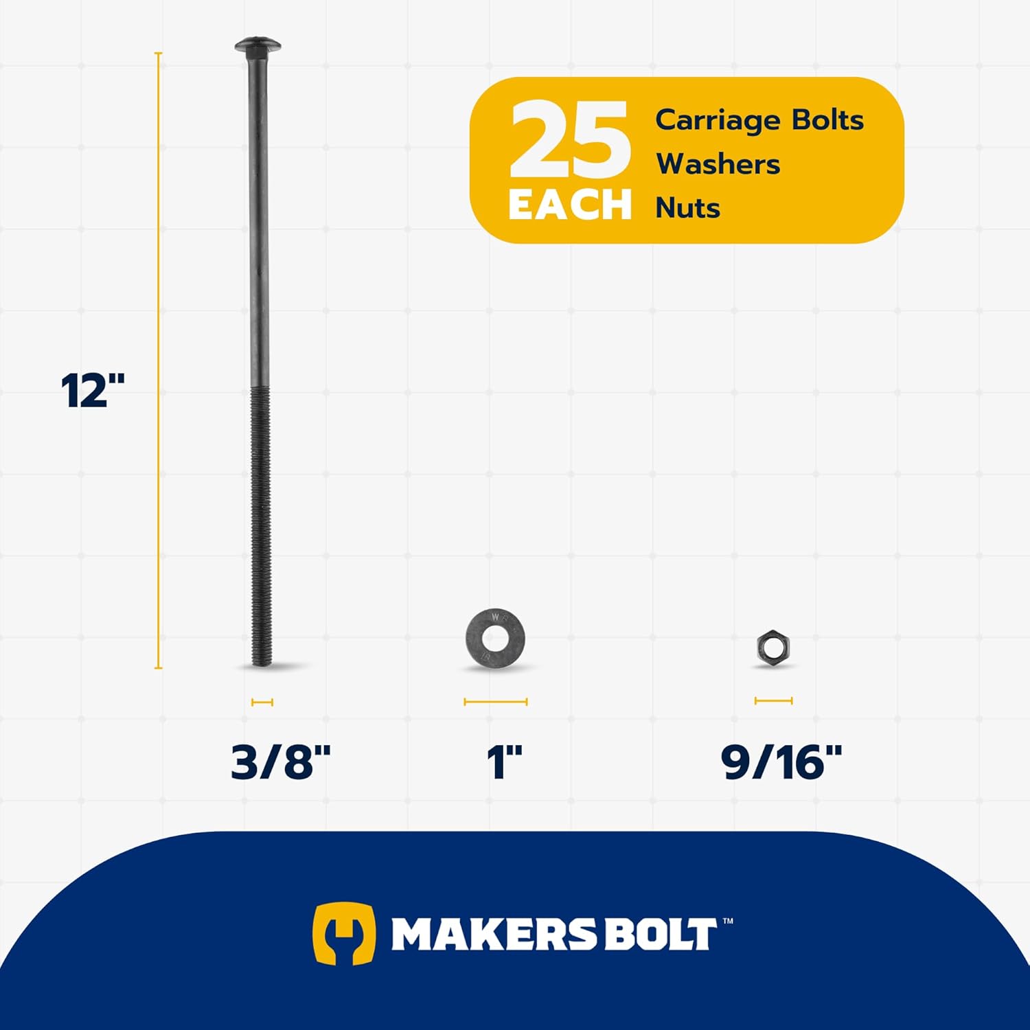 3/8" x 12" 25 Pack Black Carriage Bolt Kit, Grade 307A, Ceramic Coated for Exterior Use, 2X Rust Resistance of Galvanized by Makers Bolt