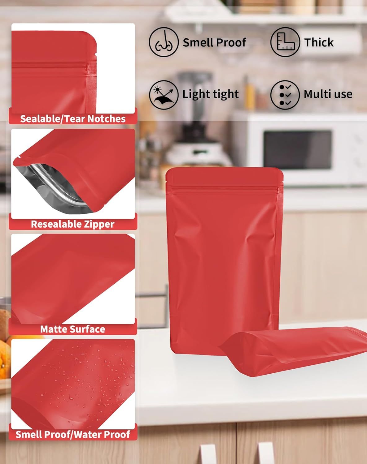 100 Pack Resealable Stand Up Bags,7.9" x 11.8" Smell Proof Pouch Sealable Foil Pouch Bags for Packaging Red