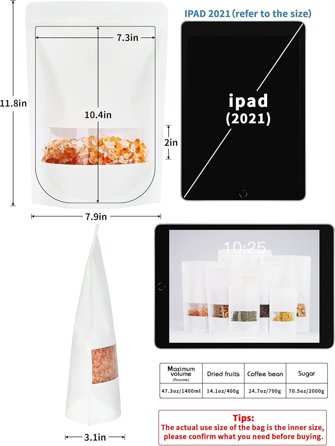 100 Pcs White Paper Bags with Window, 7.9" x 11.8" Stand Up Pouches Bags, Zipper Food Storage Bags for Packaging Products, Reusable, Sealable