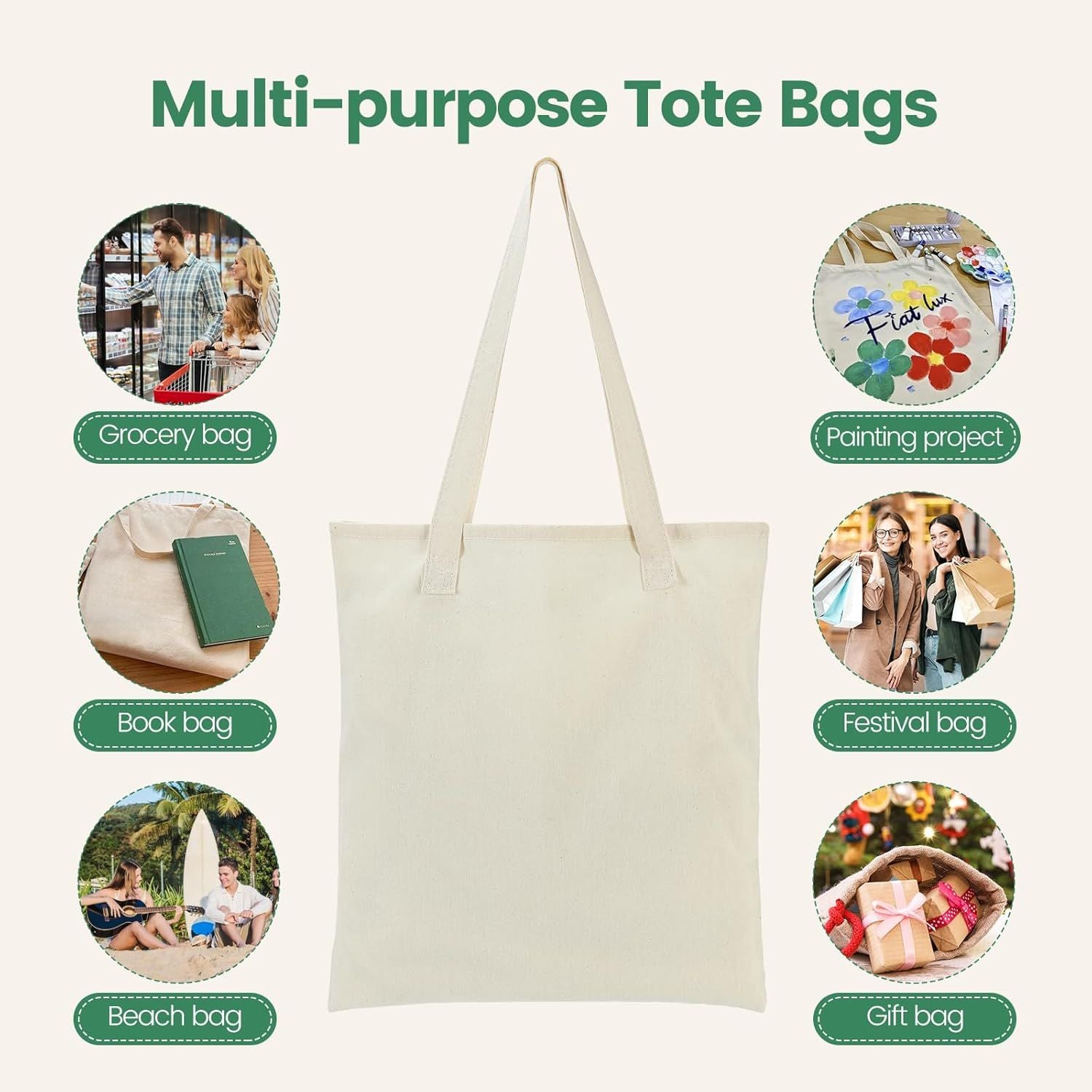 12 Pack Canvas Tote Bag - Lightweight Thin Tote Bags Bulk Blank Shopping Reusable Grocery Bags for DIY Gift Sublimation Activity - Beige