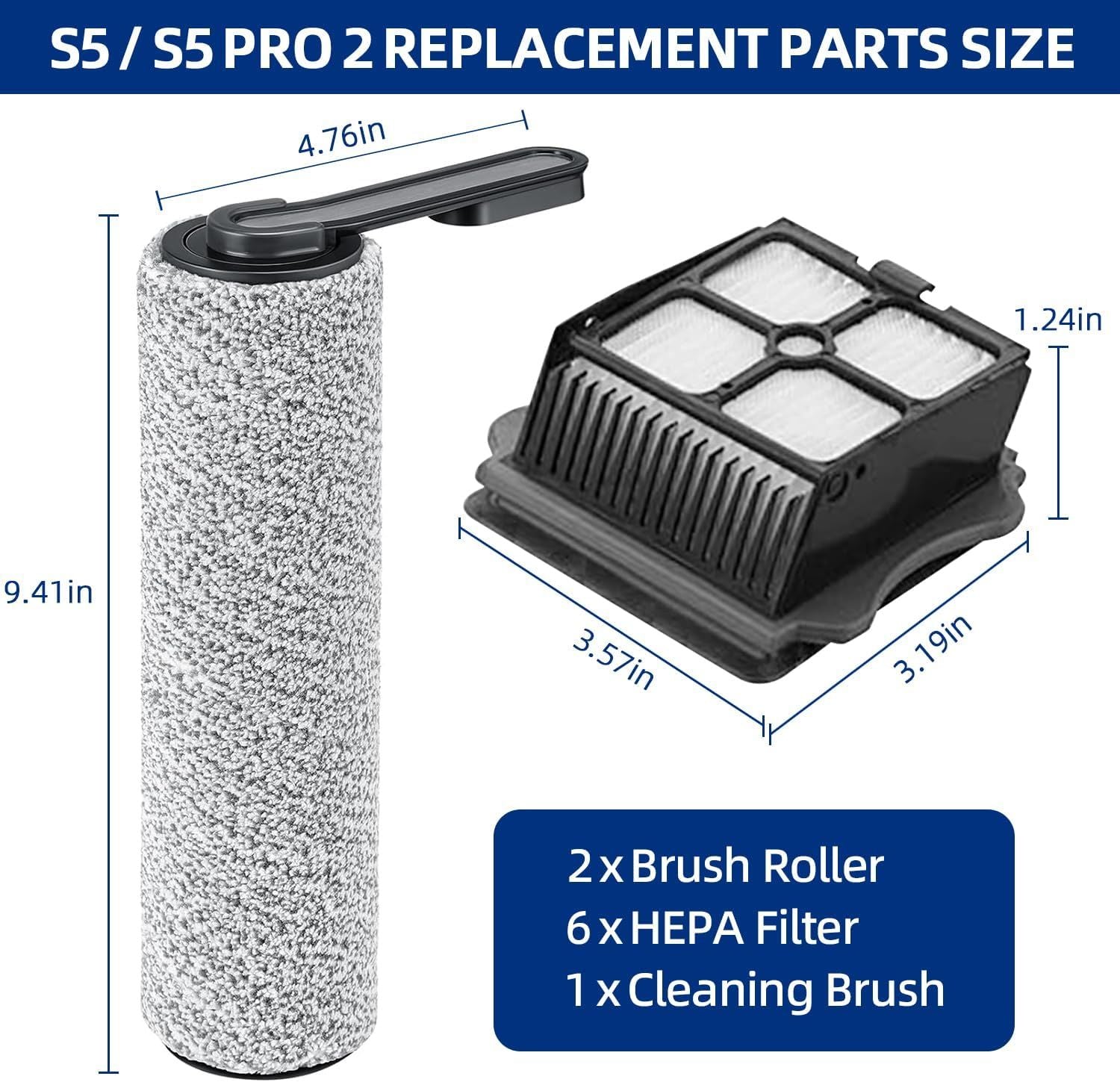 Floor ONE S5 Brush Roller and HEPA Filter Replacement, Compatible with Tineco S5 / S5 Pro /S5 Pro 2 / iFLOOR 5 Breeze Complete Cordless Wet Dry Vacuum Cleaner - 2 Soft Rollers + 6 Vacuum Filters