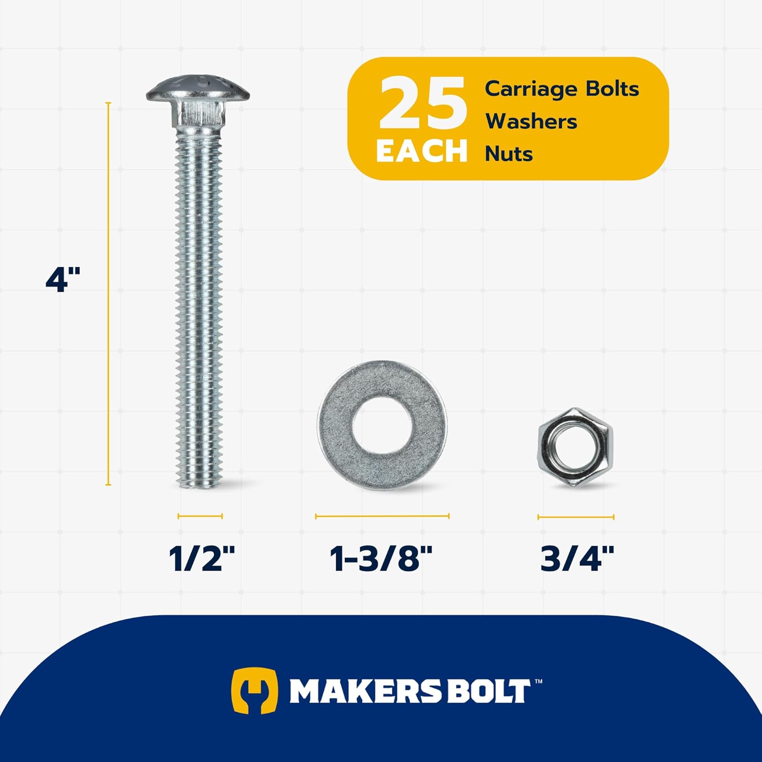1/2" x 4" 25 Pack Zinc Carriage Bolt Kit, Grade 307A by Makers Bolt