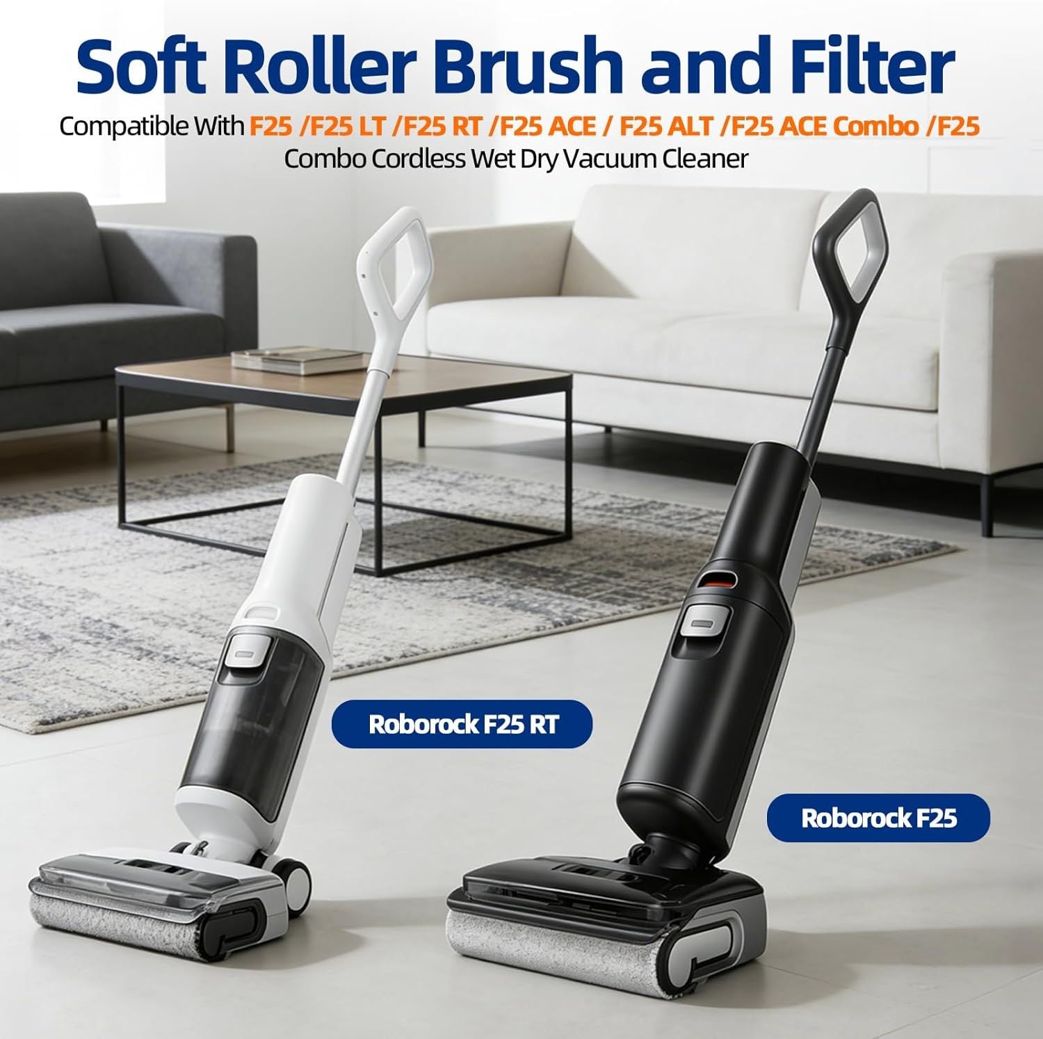 Soft Roller Brush and Vacuum Filter Replacement Compatible with Roborock F25/ F25 ACE/ F25 ALT/ F25 LT/ F25 RT Cordless Wet Dry Vacuum Cleaner, 1 Roller Brush + 3 Filters + 1 Cleaning Brush