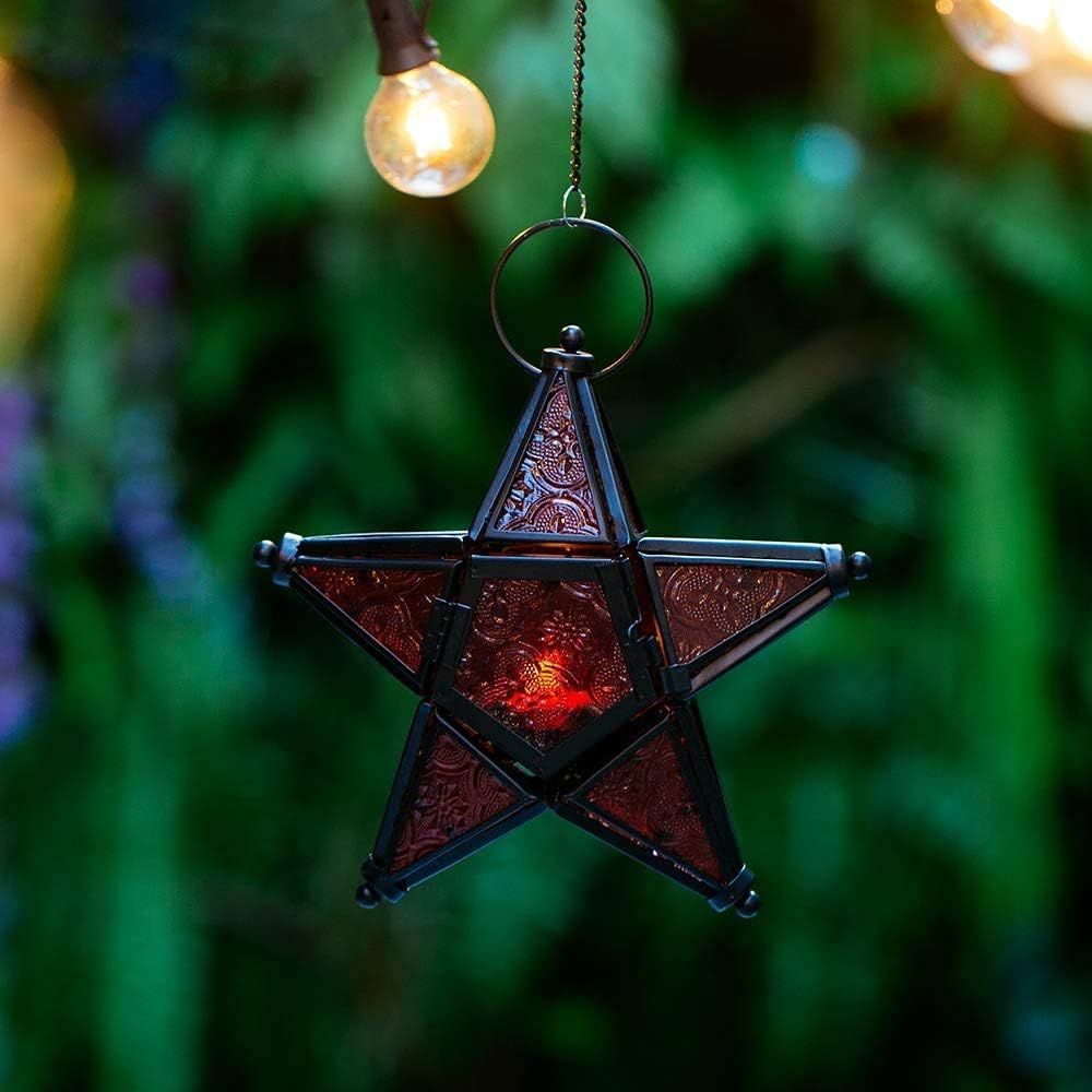 Glass Star Lantern Hanging Ornaments - Tea Light Lantern Window Hangings Patio Balcony Living Room Decoration Vintage, Orange + Red