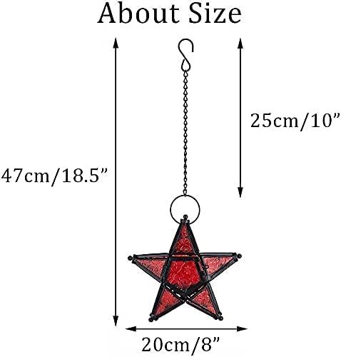 Glass Star Lantern Hanging Ornaments - Tea Light Lantern Window Hangings Patio Balcony Living Room Decoration Vintage, Orange + Red