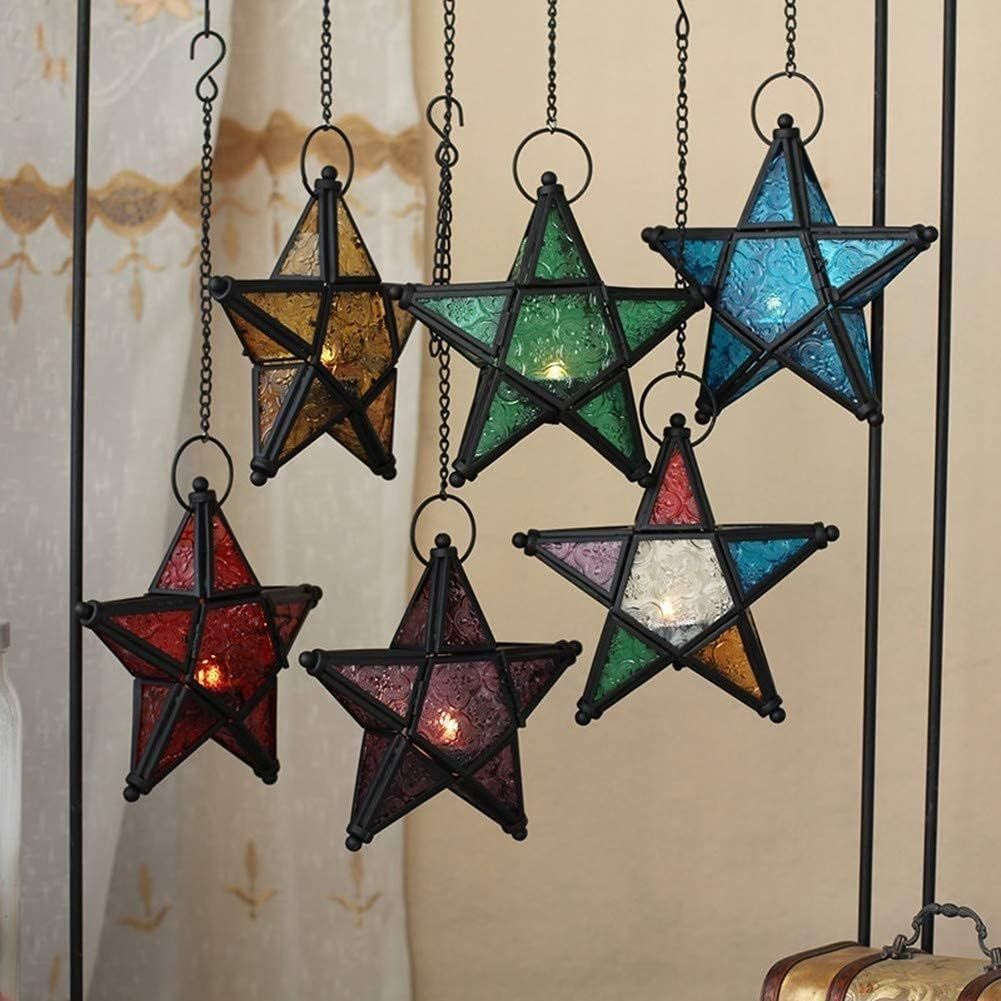Glass Star Lantern Hanging Ornaments - Tea Light Lantern Window Hangings Patio Balcony Living Room Decoration Vintage, Orange + Red